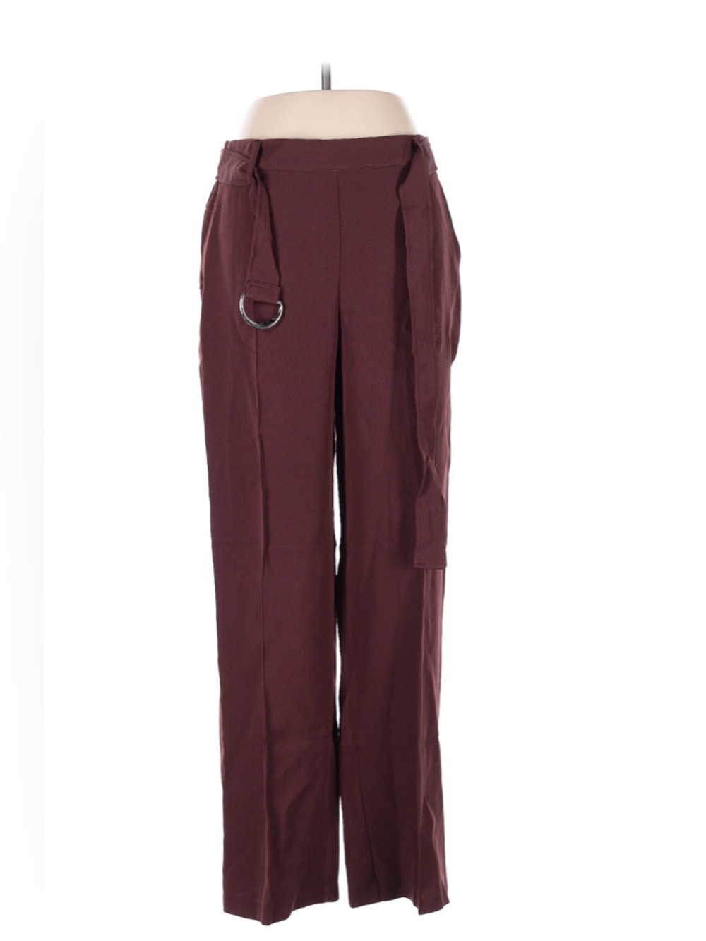 High-Waist Wide-Leg Belted Pants - Burgundy